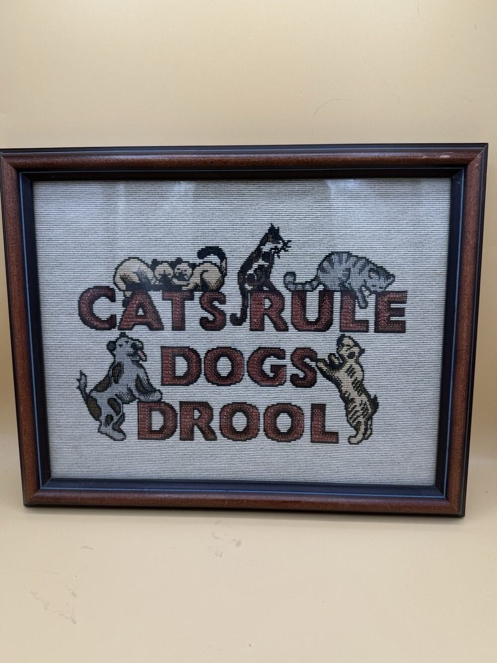 Cats Rule Dogs Drool Framed Cross Stitch Needlepoint Wall Art Cat Lover Decor - Picture 1 of 4